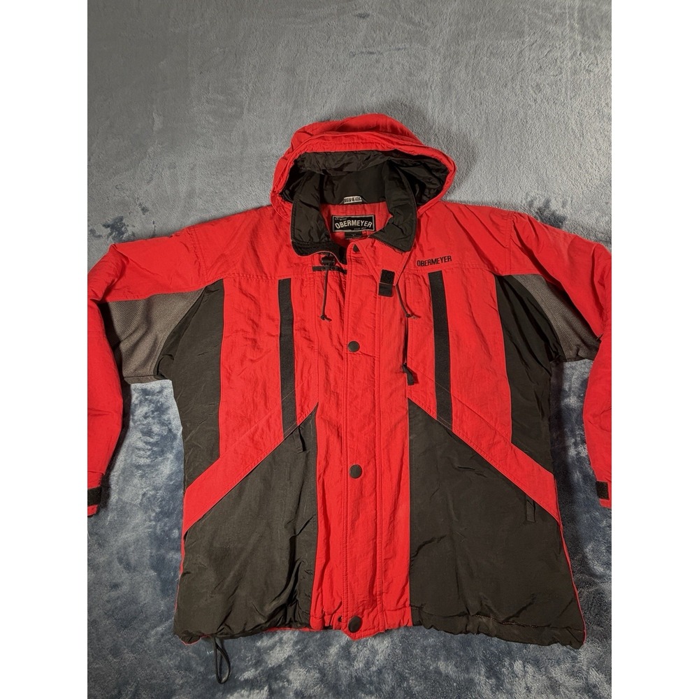 Vintage Obermeyer Ski Jacket Mens L Red Black Colorblock Hooded Insulated Winter